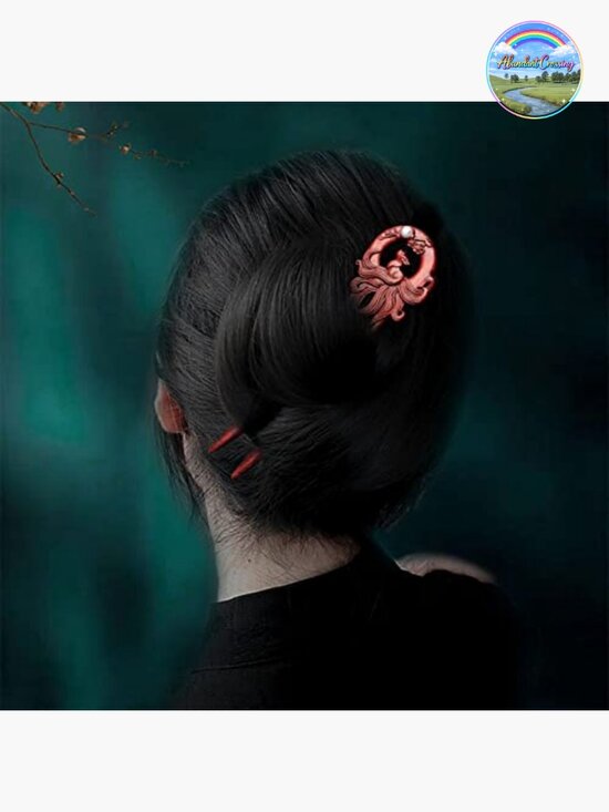 Wooden U-Shape Two-Prong Hair Fork with Nine-Tailed Fox Carving